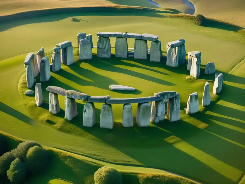 Una fotografía aérea de alta resolución de Stonehenge, revelando cada detalle del círculo de piedras mientras la luz del sol proyecta largas sombras