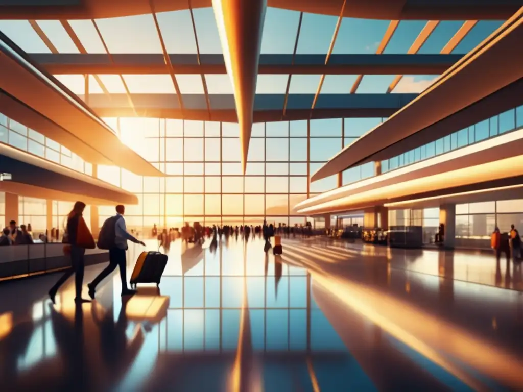 Un aeropuerto moderno y bullicioso con diseños arquitectónicos elegantes y una multitud diversa de viajeros