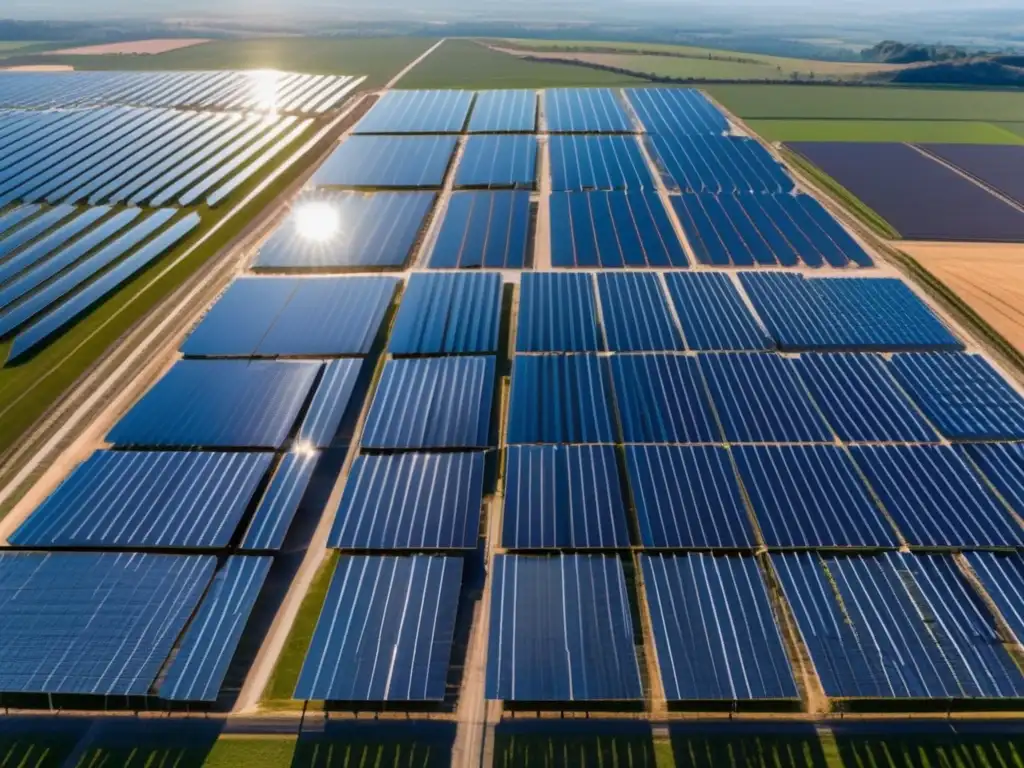 Desde lo alto, un campo solar deslumbra con sus paneles fotovoltaicos en simetría bajo el cielo azul