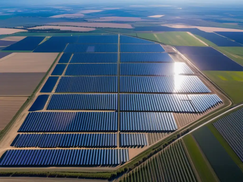 Desde lo alto, un inmenso parque solar brilla bajo el cielo azul