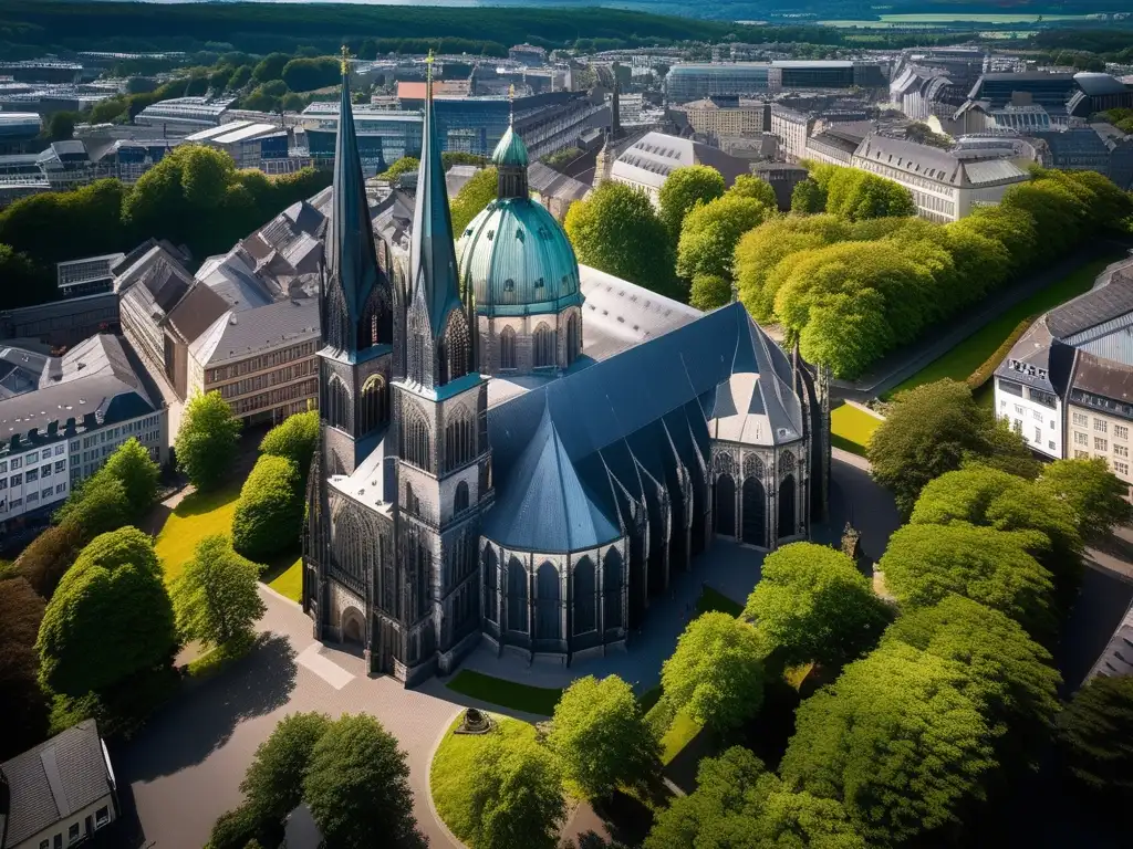 Desde las alturas, la Catedral de Aquisgrán se muestra imponente, destacando la importancia del renacimiento carolingio en Europa medieval