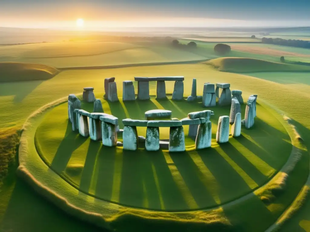 Desde las alturas, Stonehenge emerge misterioso al amanecer, proyectando sombras largas sobre las llanuras