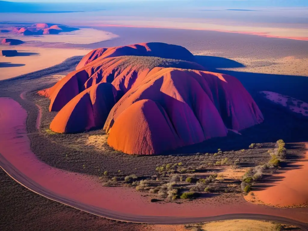 Desde las alturas, Uluru brilla en tonos rojizos al atardecer, proyectando una larga sombra sobre el desierto