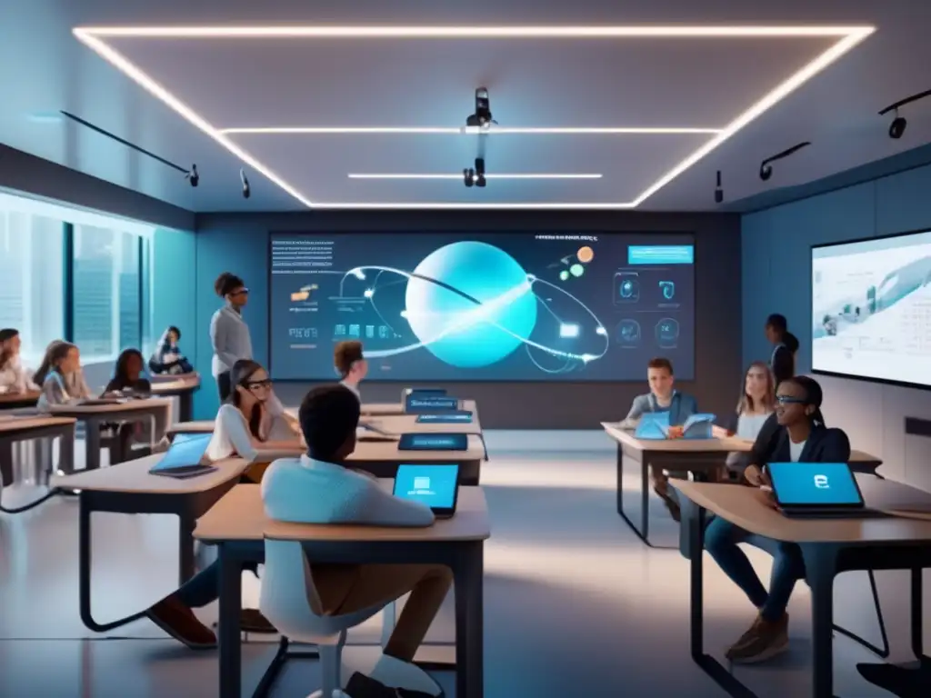 Inmersión total en la física: Realidad aumentada en el aula Un ambiente de aula moderno y cautivador, donde estudiantes utilizan simulaciones de realidad aumentada para aprender Física de forma interactiva