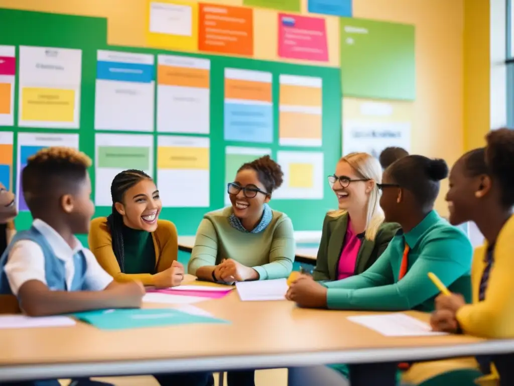 Un ambiente inclusivo y vibrante donde estudiantes diversos practican técnicas de tutoría para desarrollo de la inteligencia emocional