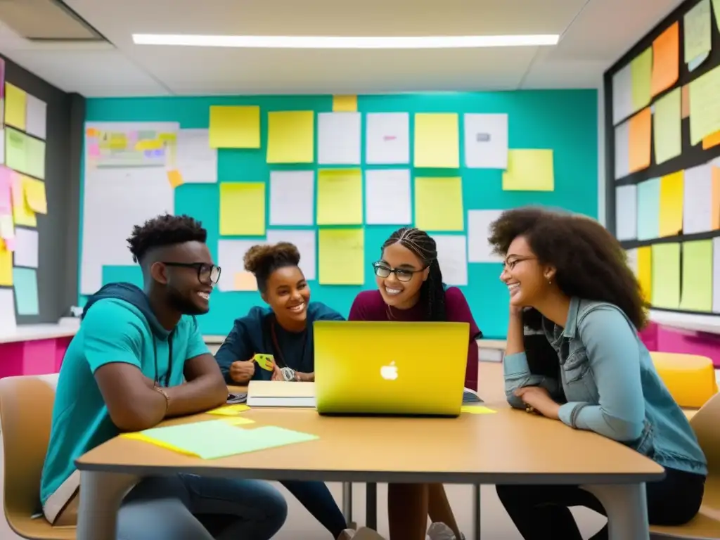 Un ambiente vibrante y moderno en un aula bien iluminada donde estudiantes trabajan en equipo en un proyecto de edición de video escolar