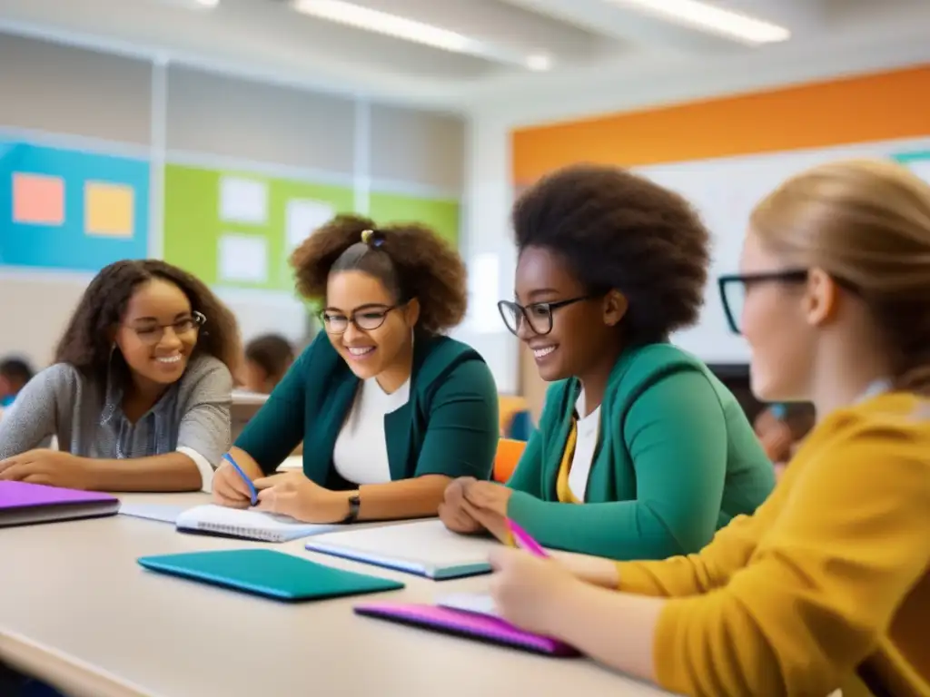 Un ambiente vibrante y moderno donde estudiantes diversos participan en actividades de aprendizaje colaborativo