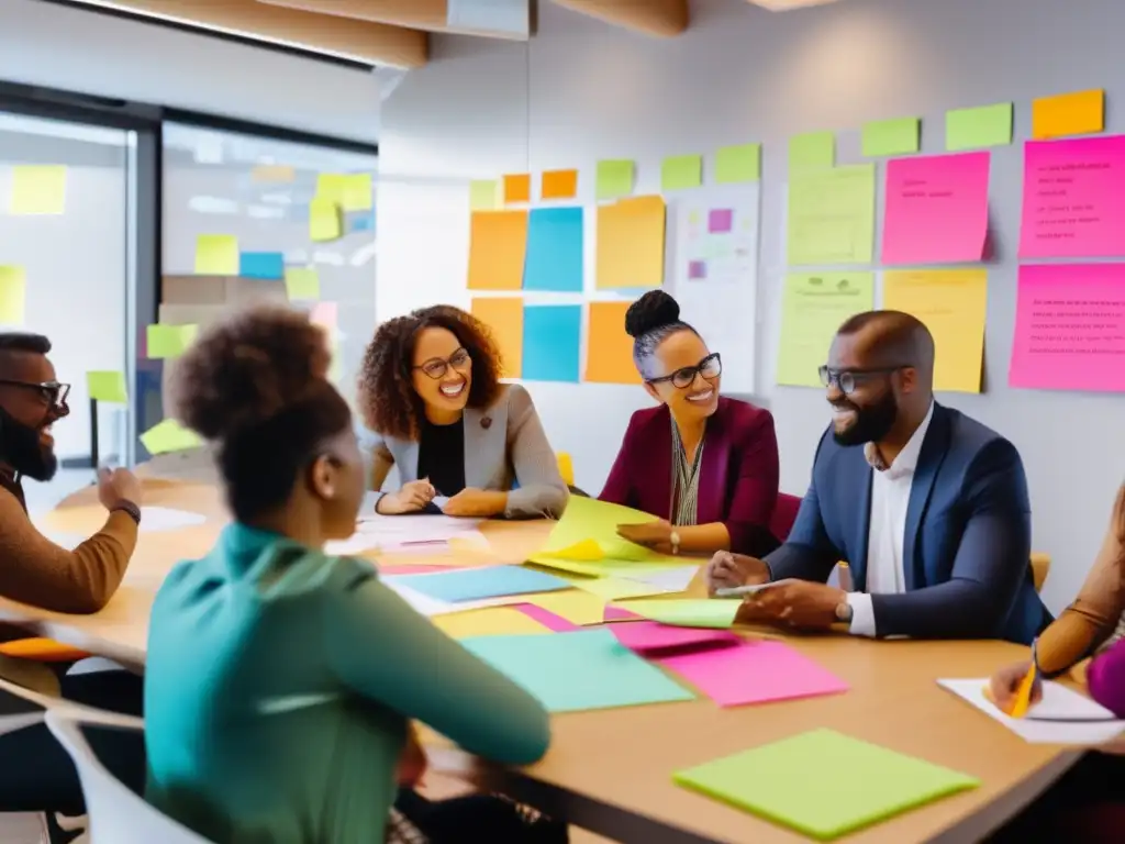 Un ambiente vibrante y moderno donde personas diversas colaboran en el diseño de materiales inclusivos