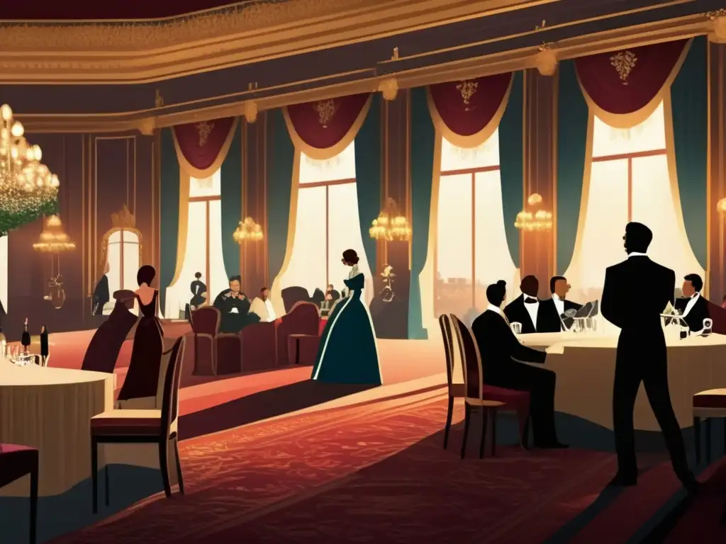 Análisis socioeconómico de 'Ana Karenina': ilustración digital de contrastes entre la opulencia aristocrática y la humildad campesina en una brillante y desigual representación visual