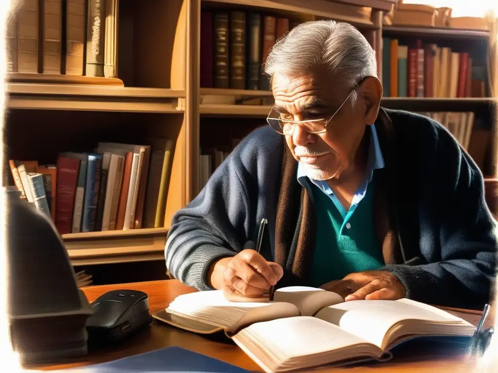 Un anciano sabio escucha atentamente a un joven escritor en una acogedora tutoría de escritura de historias latinoamericanas