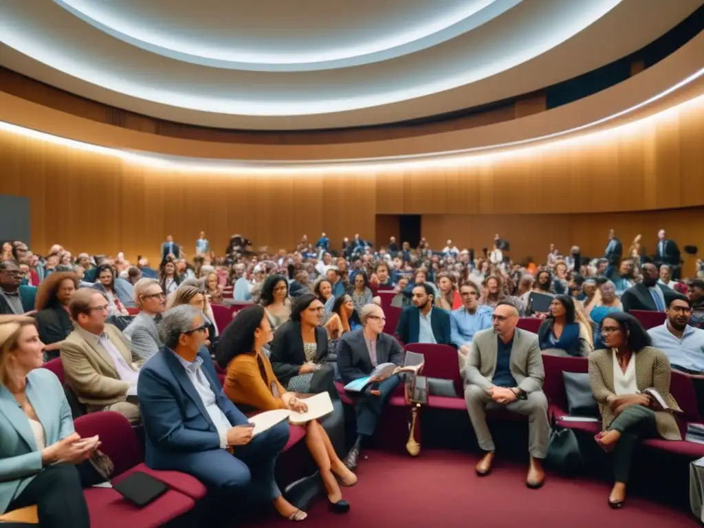 Una animada discusión académica sobre el Análisis del Boom Latinoamericano en una elegante sala de conferencias universitaria