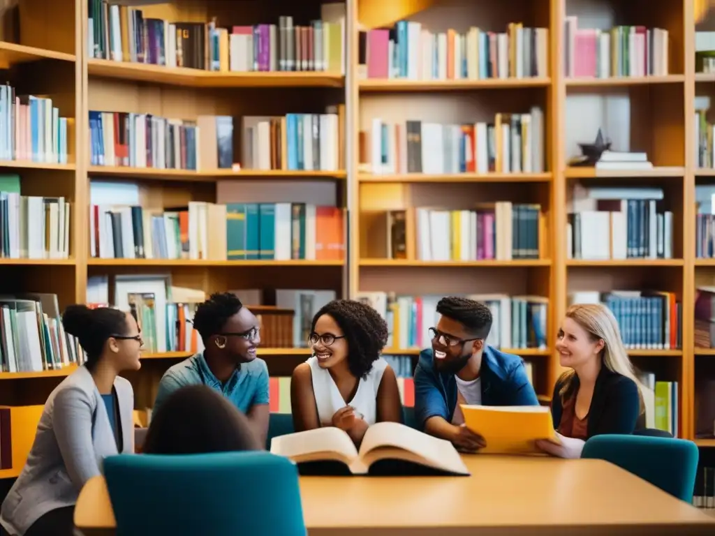 Un animado debate sobre los mejores libros europeos más vendidos en una biblioteca moderna y bien iluminada