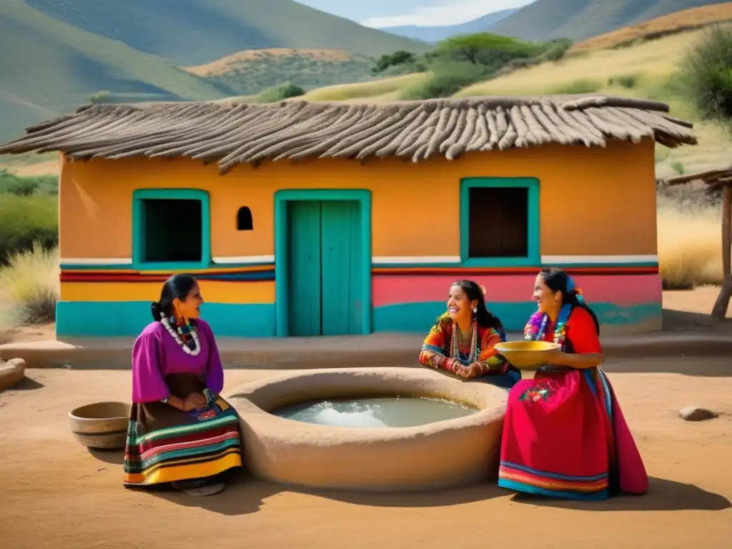 Un antiguo y desgastado hogar de adobe se encuentra en el áspero campo mexicano, con murales coloridos que retratan escenas de la vida rural