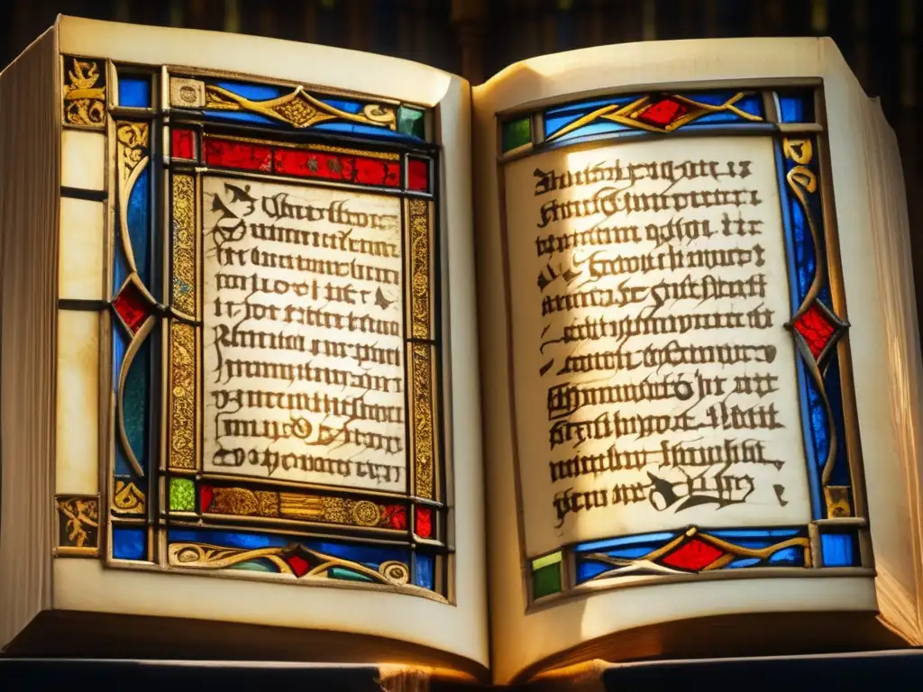 Un antiguo manuscrito europeo iluminado por luz natural a través de una vidriera, con intrincada caligrafía y misteriosos códigos por descifrar