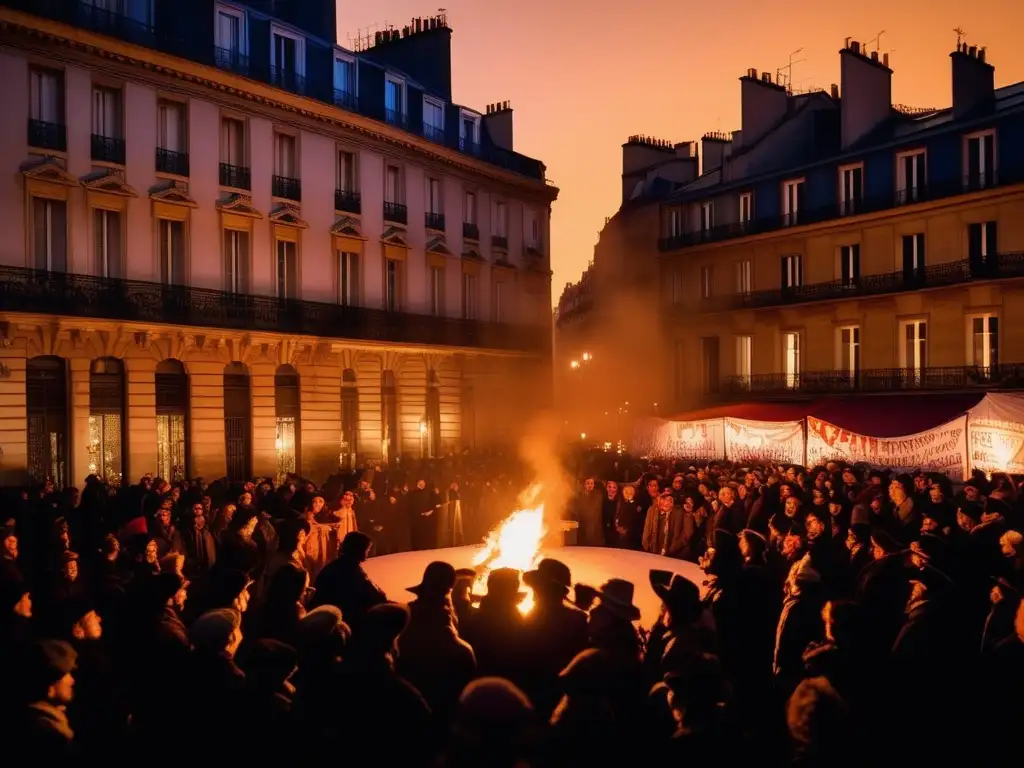 Un apasionado orador recita poesía revolucionaria ante una multitud en París, iluminada por antorchas