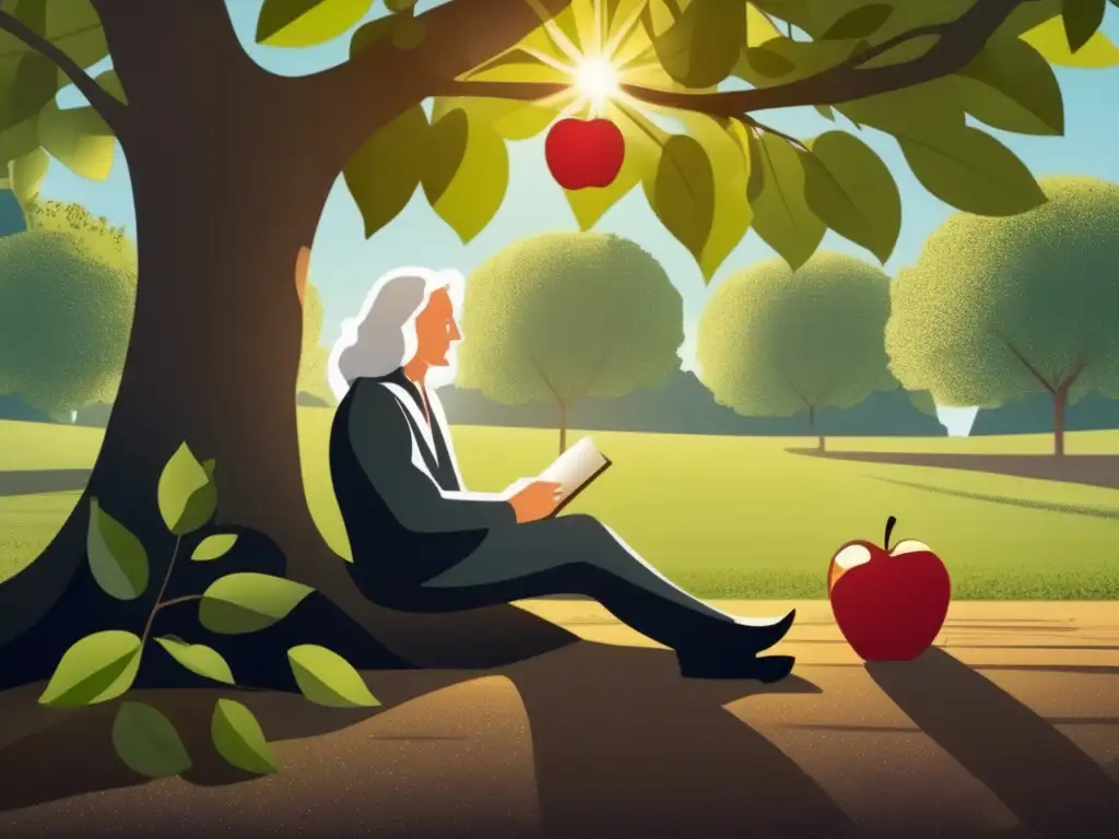 Bajo el árbol, Sir Isaac Newton reflexiona sobre los avances científicos en Física Moderna mientras la luz del sol crea sombras dramáticas