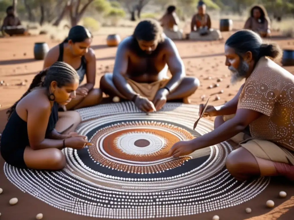 Artistas aborígenes australianos crean pinturas de puntos con colores terrosos vibrantes, representando historias del Dreamtime