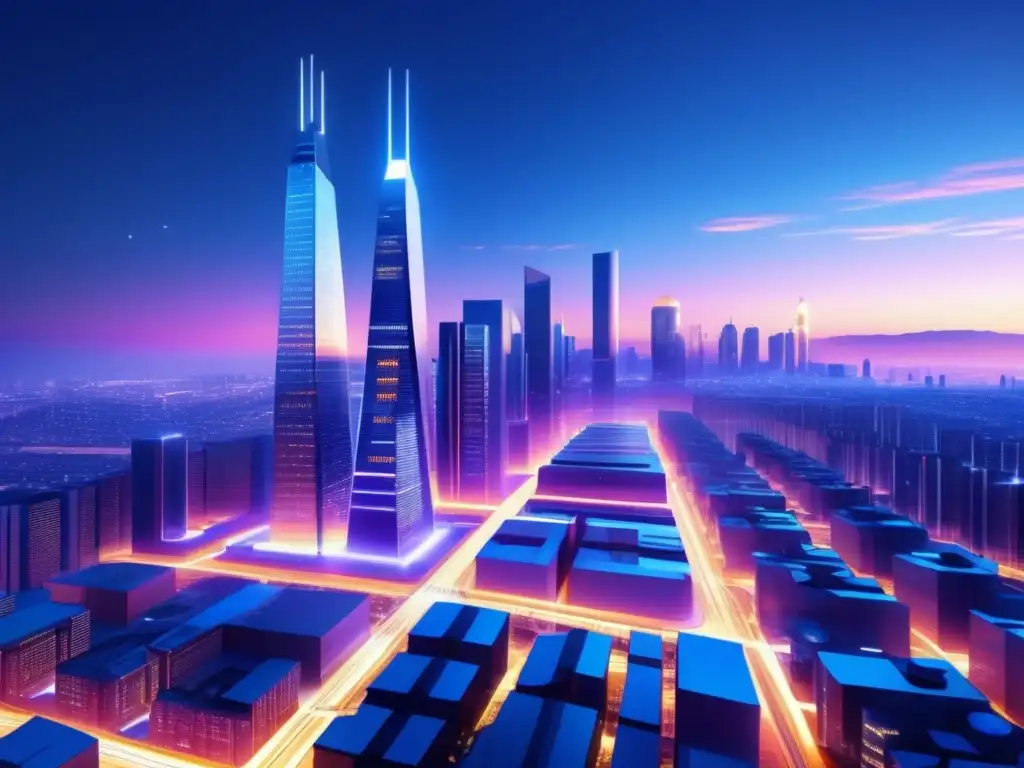 Una asombrosa imagen en 8k con una ciudad futurista al atardecer