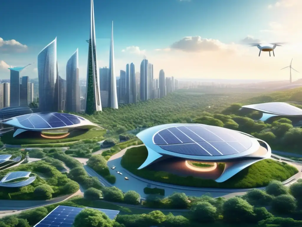 Una asombrosa imagen en 8k de una futurista ciudad rodeada de exuberante vegetación