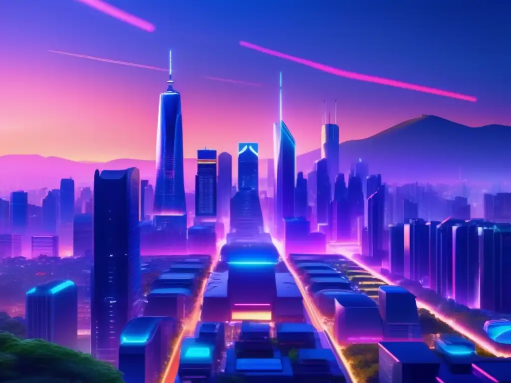 Una asombrosa imagen ultradetallada en 8k muestra una futurista ciudad al atardecer, con imponentes rascacielos iluminados por vibrantes luces de neón