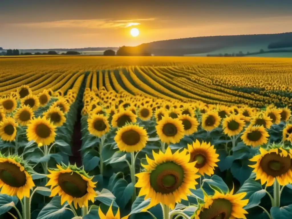 Un asombroso campo de girasoles en 8k, con filas de vibrantes flores amarillas que se extienden hasta donde alcanza la vista