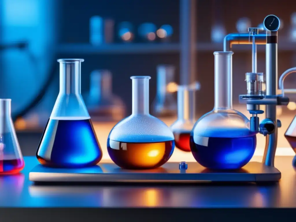Descubre el fascinante mundo de las reacciones químicas en un laboratorio ultradetallado Un asombroso detalle ultradetallado en 8k muestra un laboratorio con utensilios de vidrio e instrumentos científicos