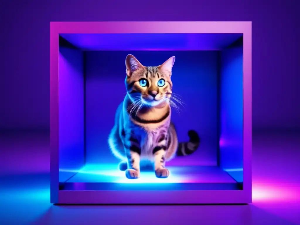 Un asombroso experimento mental de un gato de Schrödinger en una caja futurista, rodeado de partículas cuánticas en un estado de superposición