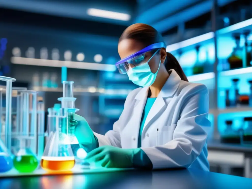 Una imagen impactante de un laboratorio moderno: la fusión de conocimiento, innovación y descubrimiento en la química Un asombroso laboratorio moderno en 8k se ilumina intensamente, con equipos futuristas dispuestos ordenadamente en bancos de trabajo impecables