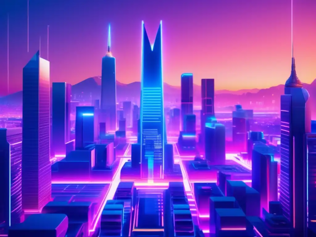 Un asombroso paisaje urbano futurista en alta resolución 8k, bañado en una suave luz de neón