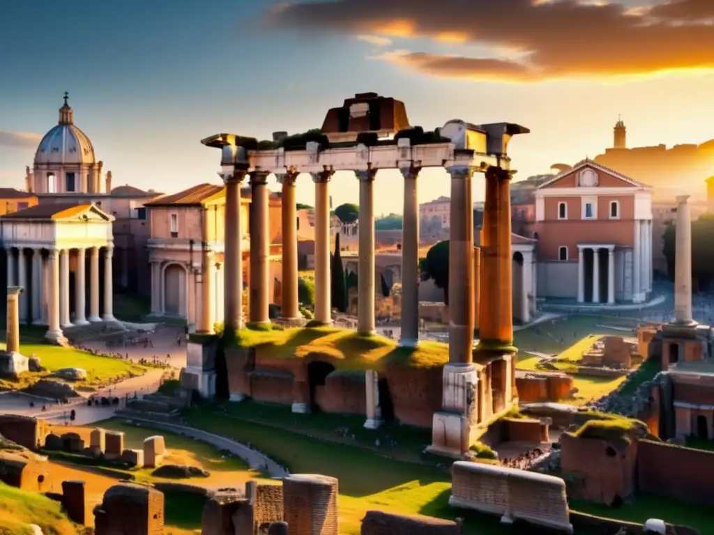 Desde el atardecer en el Foro Romano, emergen las lecciones de vida política del Imperio Romano entre las ruinas y columnas en detalle