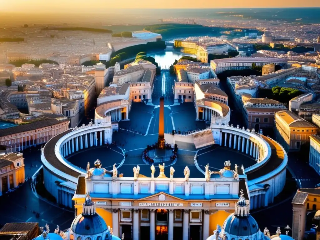 Un atardecer impresionante en el Vaticano, con la cúpula de la Basílica de San Pedro proyectando una larga sombra sobre las calles empedradas