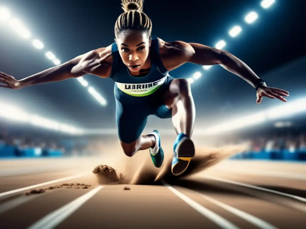 Un atleta profesional realiza un salto largo perfecto en un moderno centro de entrenamiento, mostrando poder y concentración