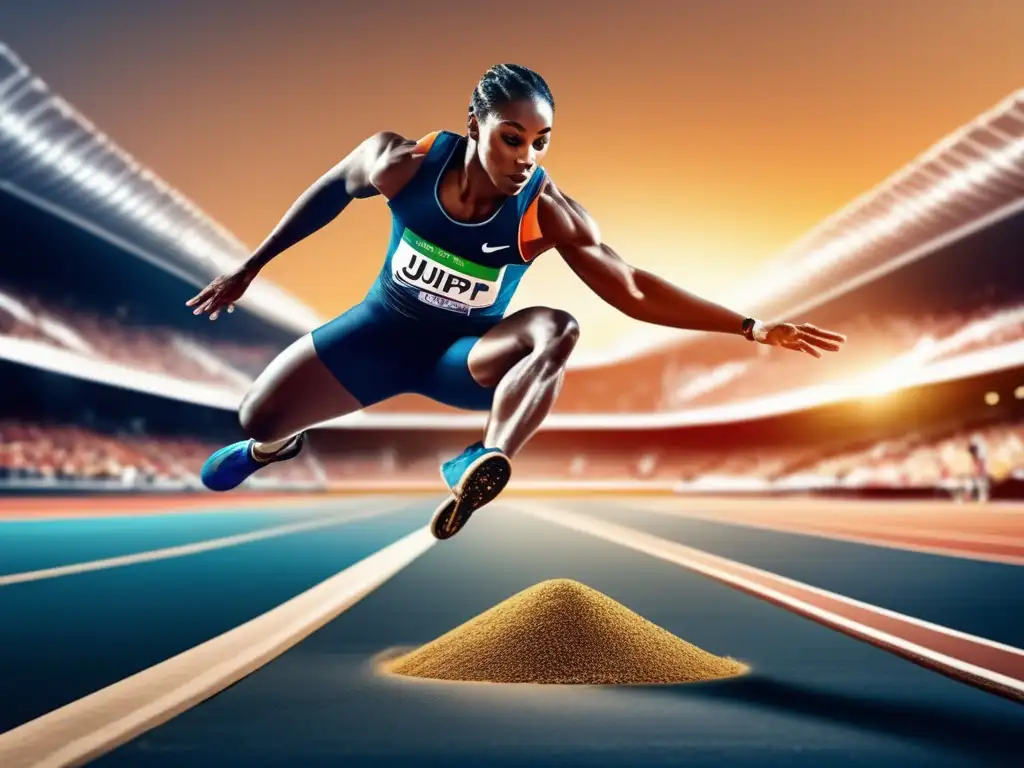 Un atleta profesional ejecutando un salto largo impecable, con músculos tensos y sudor brillante, en el vibrante estadio