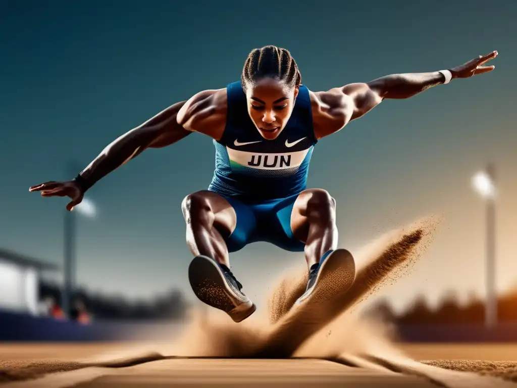 Un atleta profesional ejecuta un salto largo perfecto, destacando la fusión de principios físicos clásicos con el rendimiento atlético contemporáneo