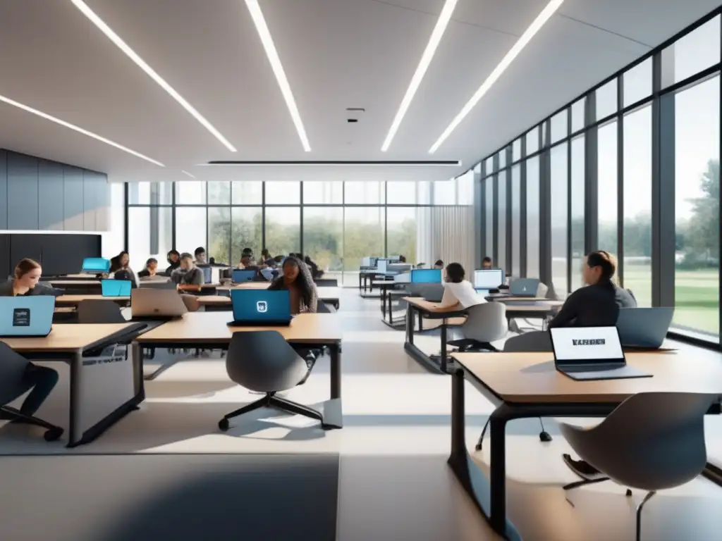 Innovadora aula del futuro: estudiantes colaborando en un proyecto tecnológico Un atractivo aula moderna, llena de estudiantes colaborando en laptops y proyectos