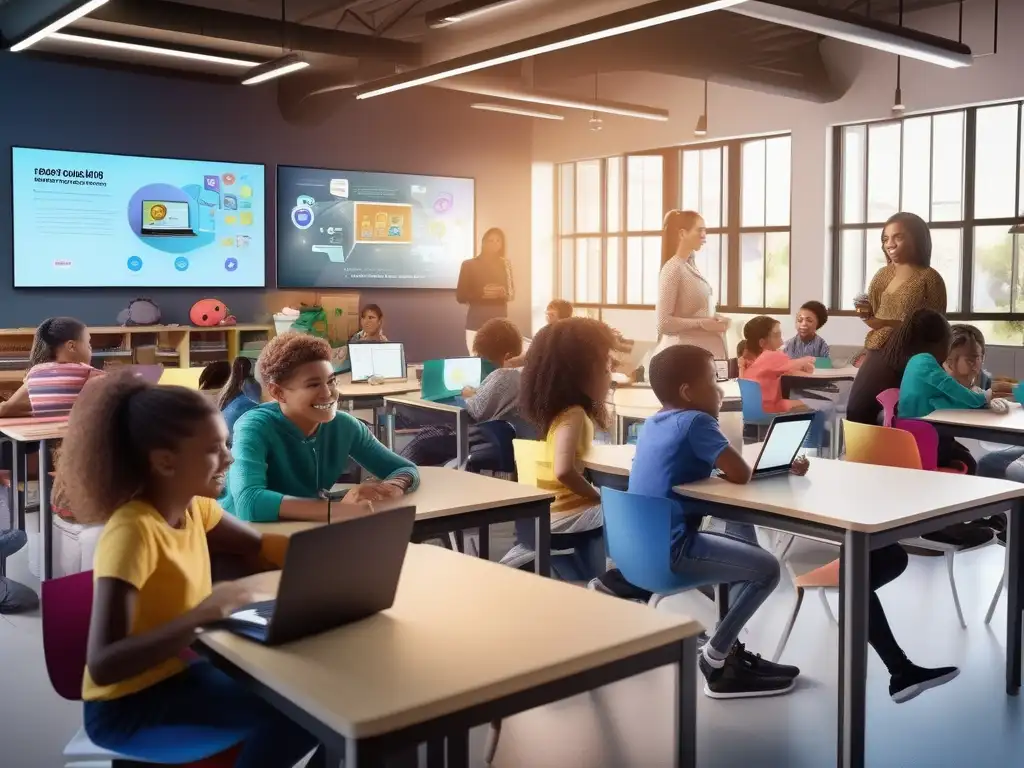 Empoderamiento educativo: estudiantes diversos rompen barreras con tutoría adaptativa personalizada Un atractivo y detallado retrato en 8k que muestra a estudiantes diversos inmersos en su aprendizaje personalizado con apps de tutoría adaptativa