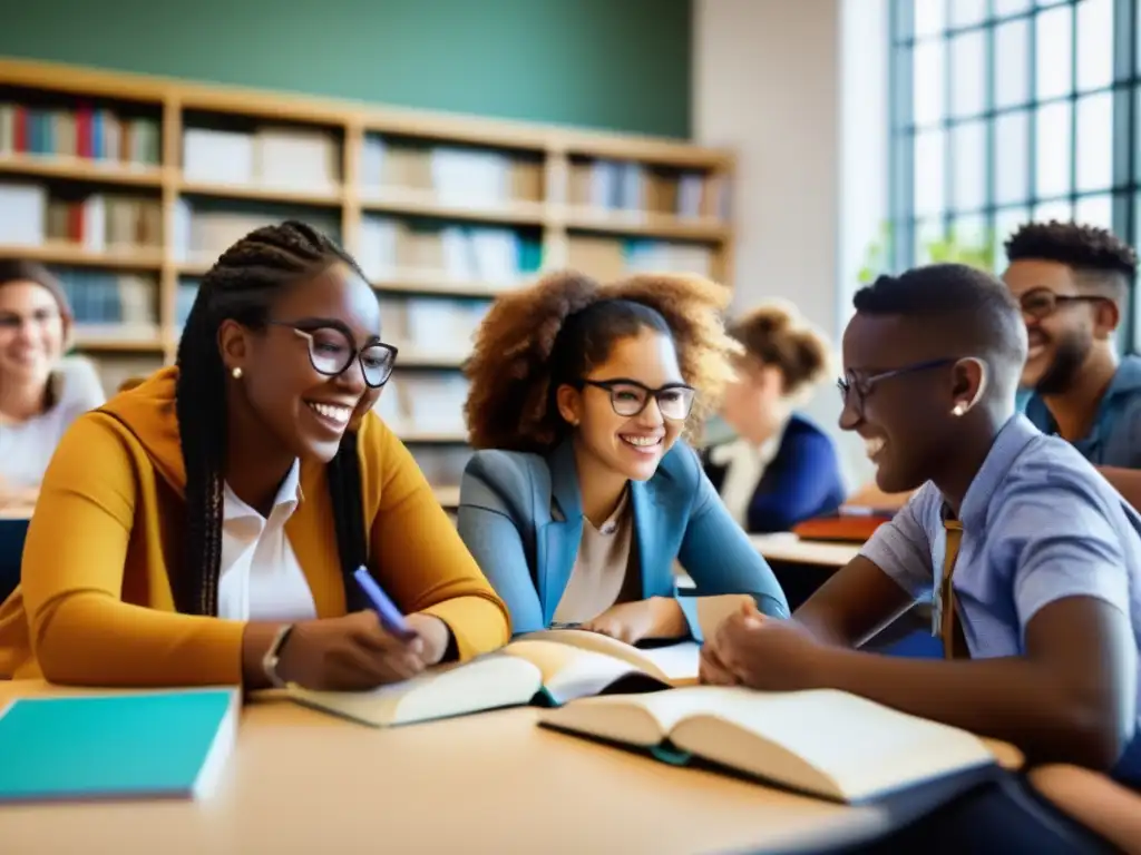 Sesión de tutoría entre estudiantes: colaboración y entusiasmo en el aula Un aula contemporánea, iluminada y vibrante, donde estudiantes diversos participan activamente en una sesión de tutoría entre pares