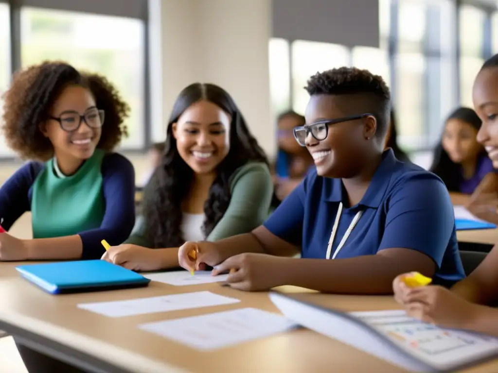 Un aula contemporánea llena de luz natural donde estudiantes diversos colaboran en actividades matemáticas, con enfoques neuroeducativos