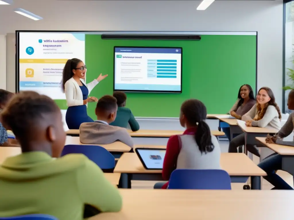 Un aula contemporánea y vibrante, donde estudiantes diversos participan activamente en la educación híbrida