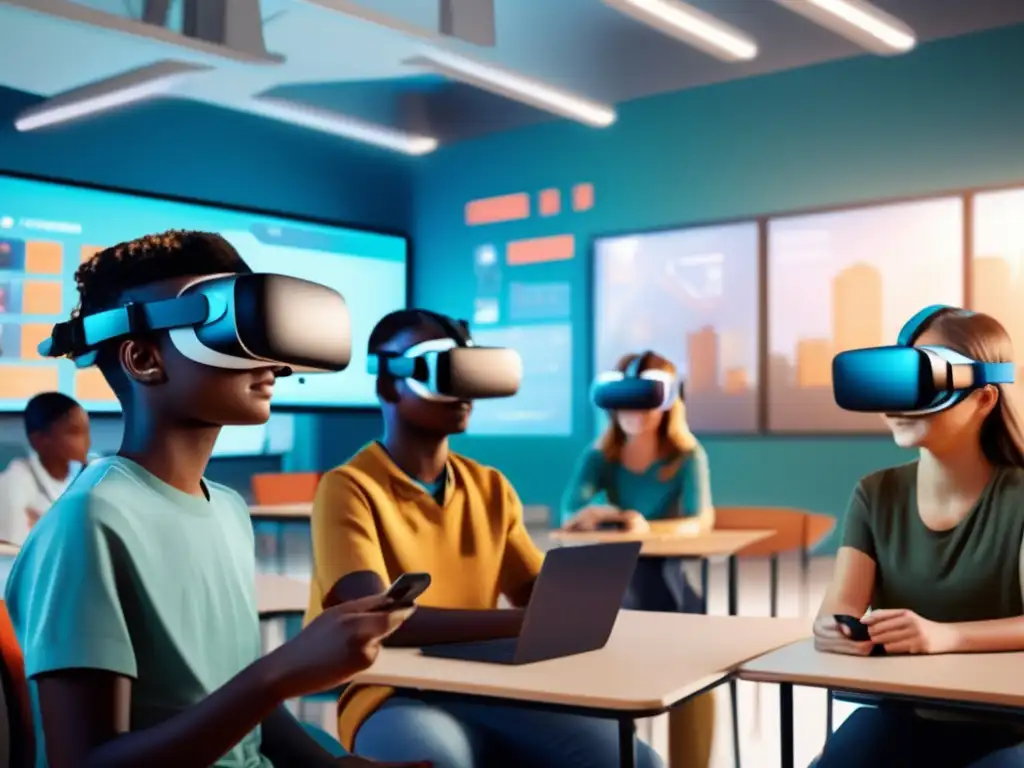 En un aula, estudiantes usan visores de realidad virtual