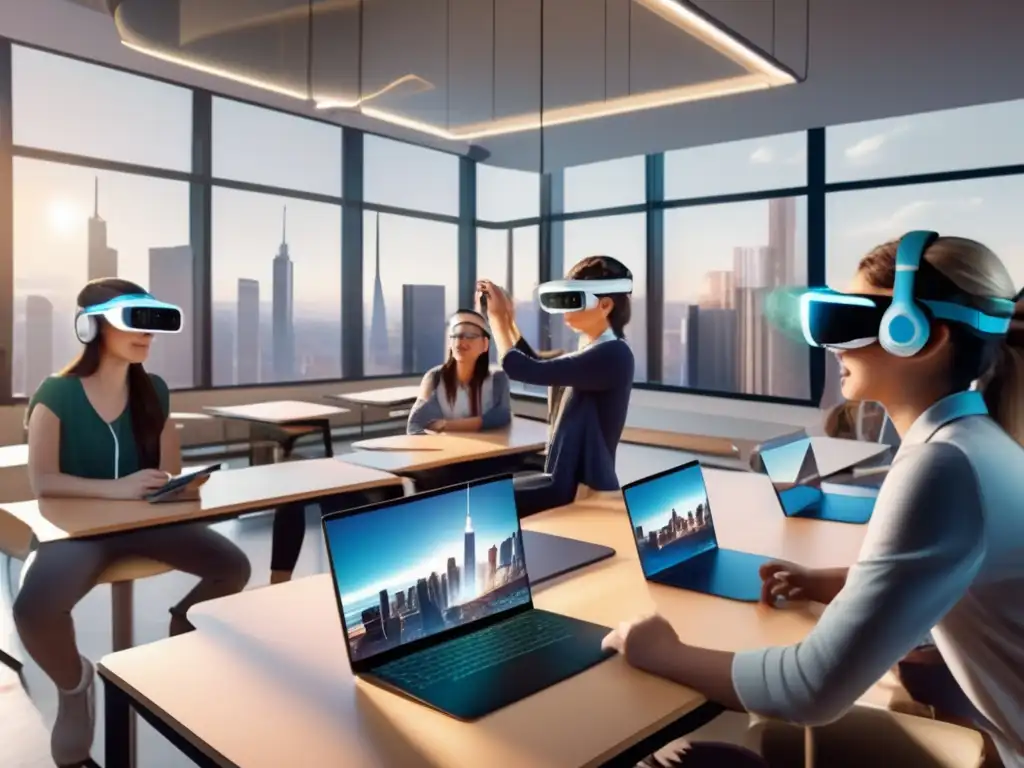 La emocionante inmersión de la realidad aumentada en la educación de física Un aula de física llena de estudiantes con auriculares de realidad aumentada, explorando simulaciones interactivas