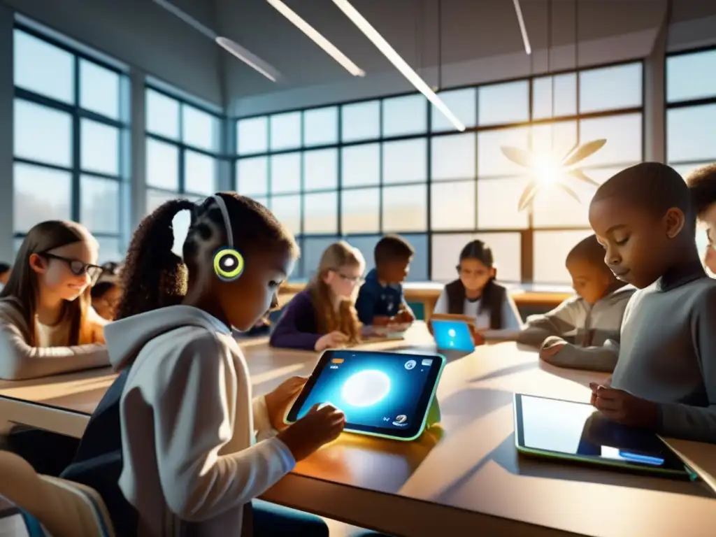 Una imagen impactante muestra a estudiantes entusiasmados aprendiendo física y química de forma interactiva en un aula futurista Un aula futurista bañada de luz natural, donde estudiantes colaboran en grupos, explorando conceptos de física y química con apps educativas
