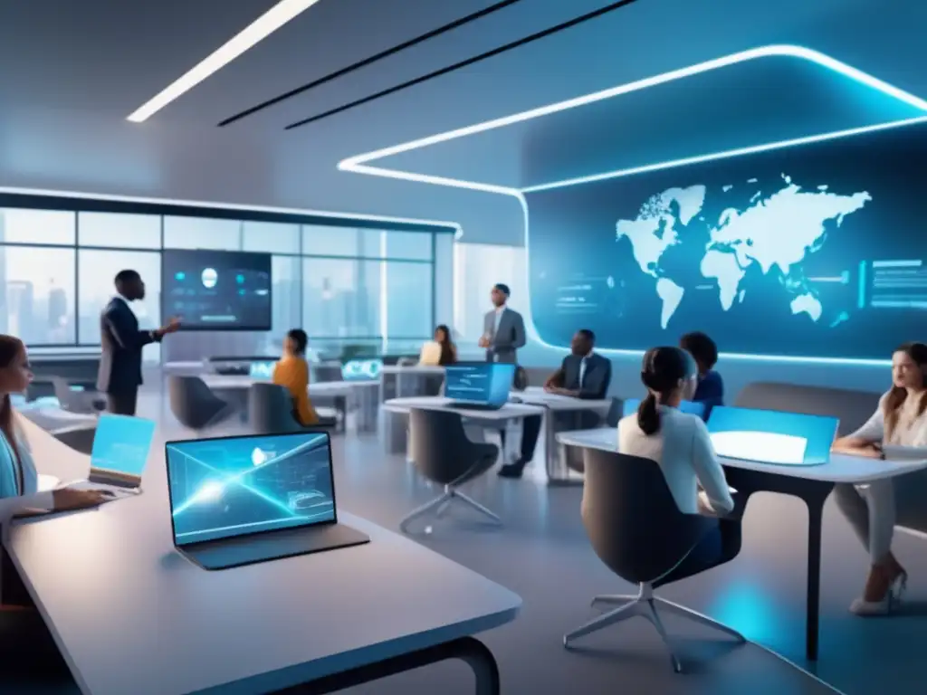 El aula del futuro: tecnología y habilidades blandas en la educación Un aula futurista en un entorno moderno, con tecnología avanzada y estudiantes colaborativos