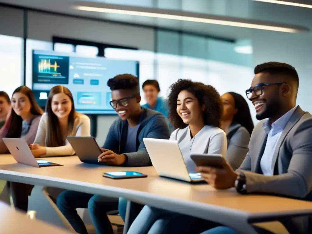 En una aula futurista, estudiantes diversos se sumergen en actividades de MLearning
