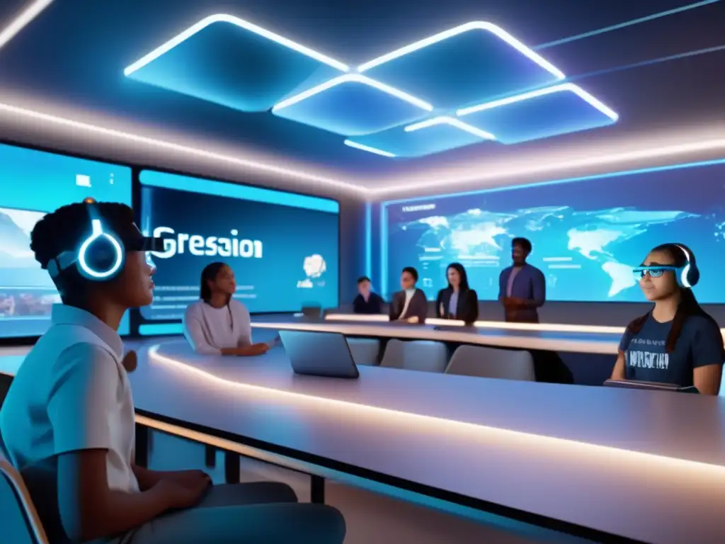 Un aula futurista donde estudiantes usan gafas de AR