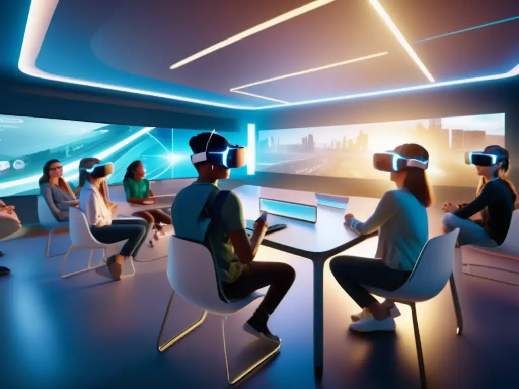 Un aula futurista envuelve a estudiantes inmersos en una experiencia educativa de realidad virtual