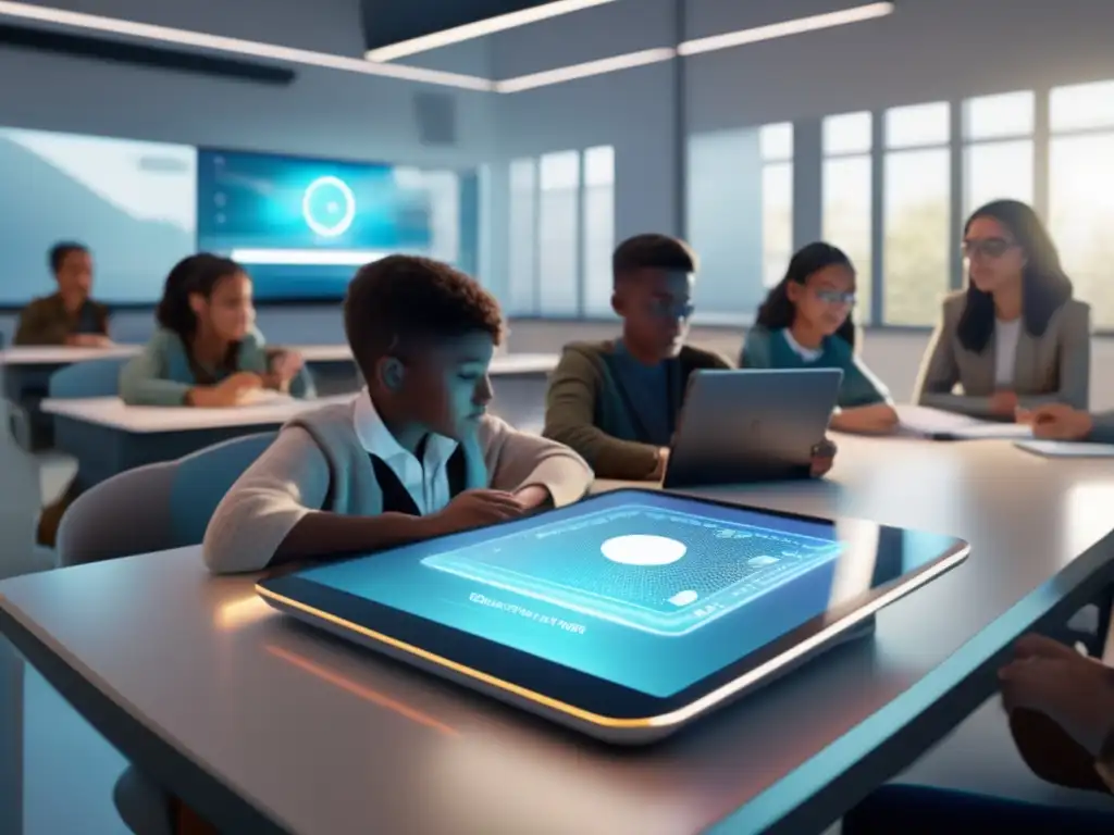 El aula del futuro: innovación y aprendizaje personalizado con IA Un aula futurista con estudiantes inmersos en tutorías de inteligencia artificial personalizadas