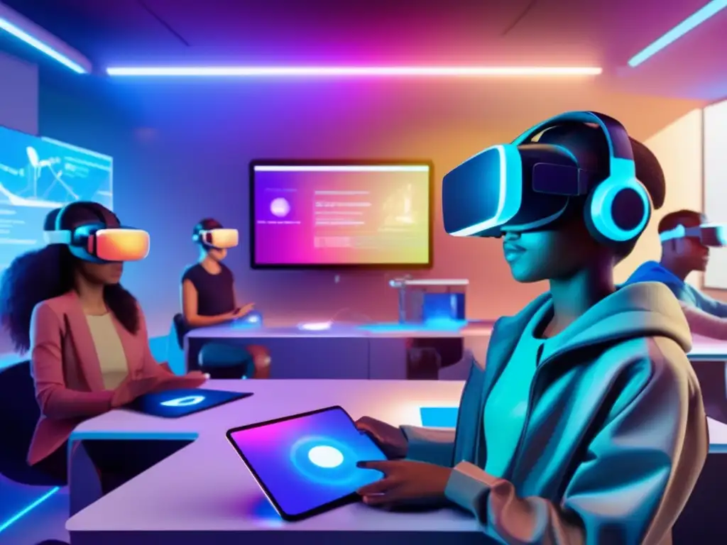 Un aula futurista muestra estudiantes inmersos en un entorno de aprendizaje de realidad virtual