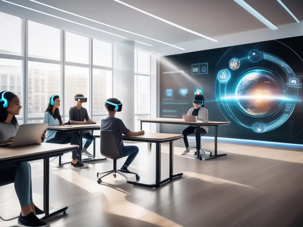 El futuro de la educación: estudiantes inmersos en la realidad aumentada En un aula futurista, estudiantes usan visores de realidad aumentada para explorar un mundo de conocimiento