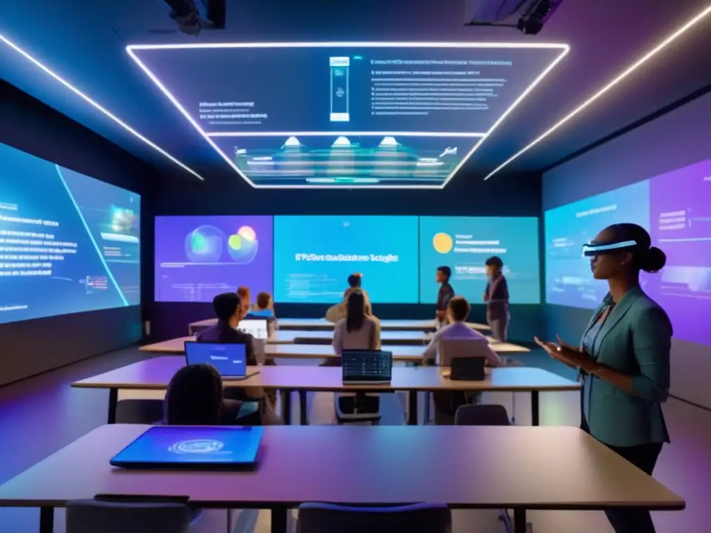 Aula del futuro: Realidad aumentada y análisis predictivo en acción Una aula futurista muestra hologramas flotantes con visualizaciones de datos y estudiantes usando AR